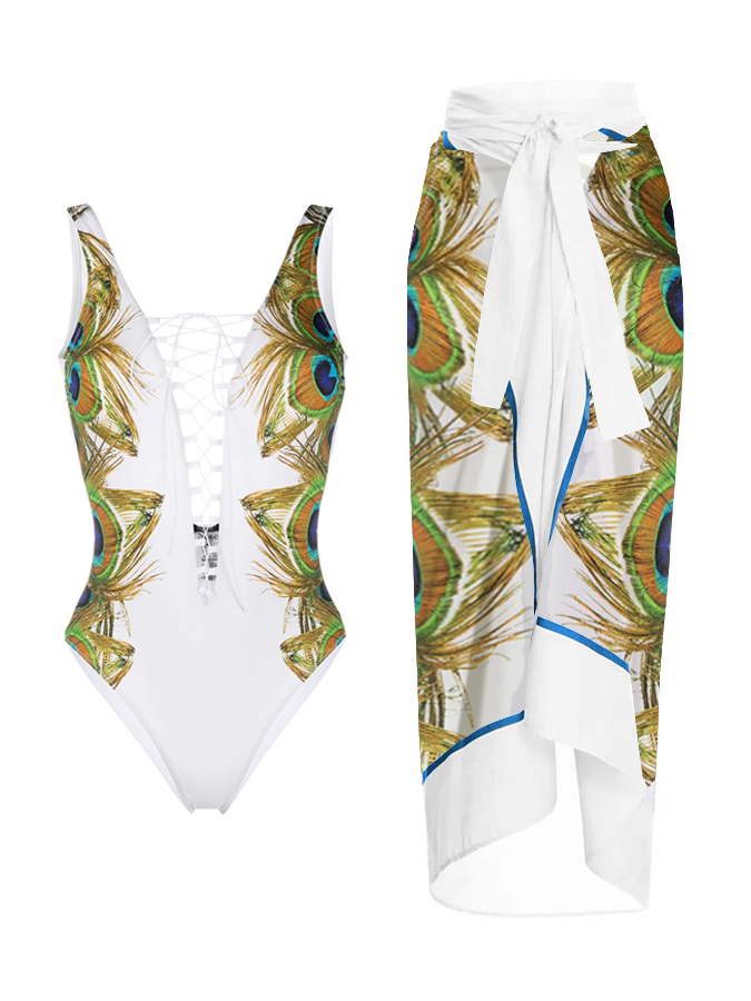 Peacock Feather Print Lace Up One Piece Swimsuit And Cover Up
